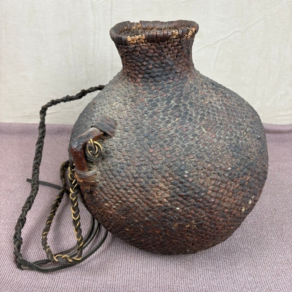 Antique‎ Pitch Water Bottle Basket Ute Apache Leather Braided Strap